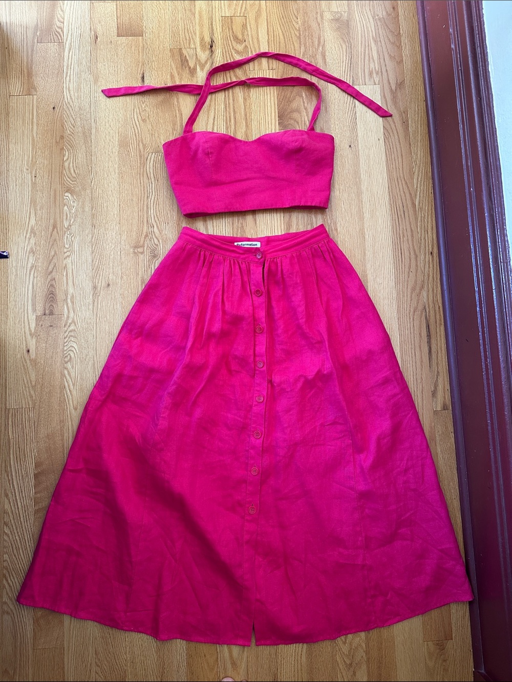 Reformation Hot Pink Linen Midi Skirt & Halter Crop Set